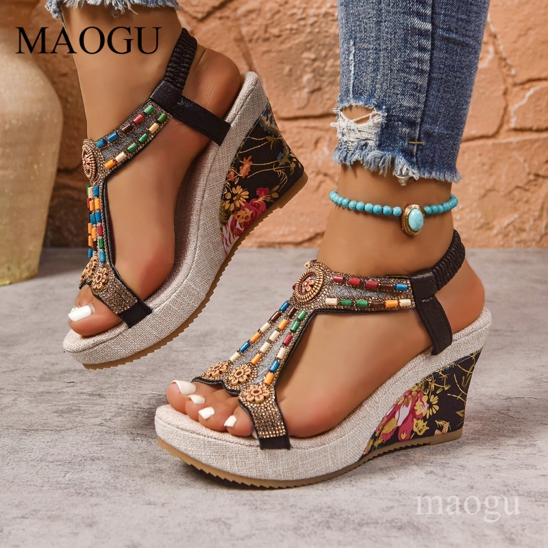 Ethnic And Fashion - Sandali con Zeppa Floreali Boho da